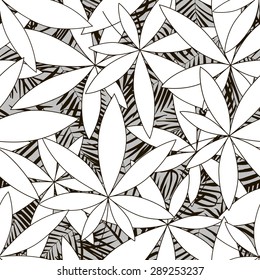 Tropical palm trees and banana leaves. Abstract background seamless pattern. Frond, grass. Grey background.