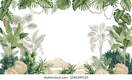 Tropical palm trees, banana tree, green plants, palm leaves, stone, mountain frame. Jungle landscape mural.