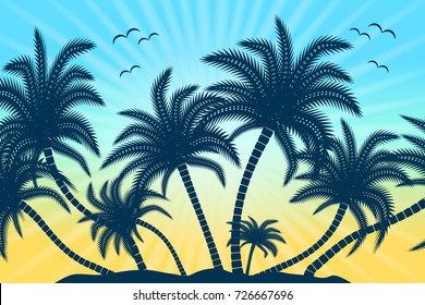 Tropical palm trees with birds, rays and sunset or sunrise in the background.