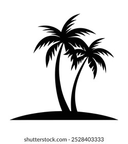 Tropical Palm Trees, Black Silhouettes and Wave Lines Isolated on White Background