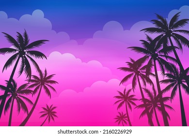 Tropical palm trees with blue and pink sky Cartoon illustration 