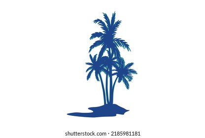Tropical palm trees, blue silhouettes and outline contours on white background. Vector