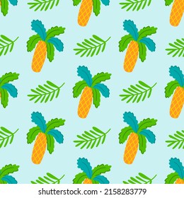 Tropical palm trees and branches on blue background, vector seamless pattern.