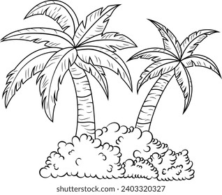 Tropical palm trees with bushes at their base, cartoon style vector illustration with no background and no color for coloring.