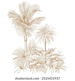 Tropical palm trees card. Hand drawn tropical illustration. Botanical sketch composition.