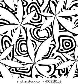 Tropical palm trees and circles on the water. Abstract background seamless pattern. Black and white. Hypnotic effect