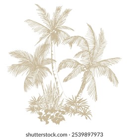 Tropical palm trees clipart. Hand drawn tropical illustration. Botanical sketch composition.