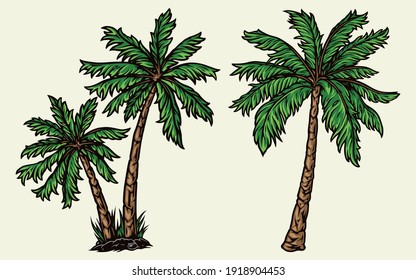 Tropical palm trees colorful concept in vintage style isolated vector illustration