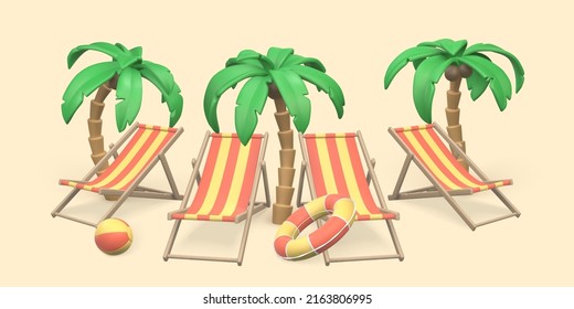 Tropical palm trees and  deck chairs on beach at resort. Summer 3d realistic objects. Vector illustration.