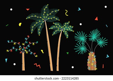 Tropical palm trees decorated with Christmas lights. Hand drawn vector illustration. New Year party card.