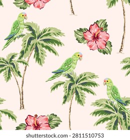 Tropical palm trees, green parrots, hibiscus flowers, leaves, blush background. Seamless pattern. Vector illustration. Exotic plants, birds. Summer beach design. Paradise nature