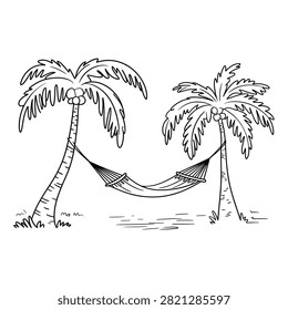 Tropical Palm Trees with Hammock Line Art Summer Beach Vacation Vector