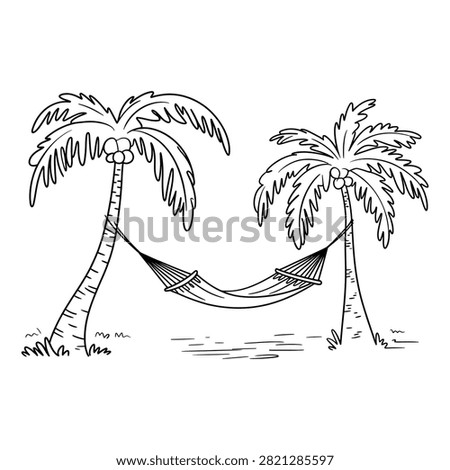Tropical Palm Trees with Hammock Line Art Summer Beach Vacation Vector