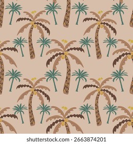 Palmeiras tropicais desenhadas à mão Padrão sem costura em cores vintage Tons
Moderno vetor sem emenda de palmeiras tropicais com uma base verde e tons de rosa. Perfeito para vestuário elegante, decoração, 