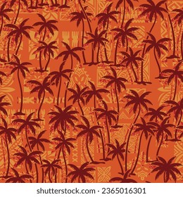 Tropical palm trees with hawaiian tapa cloth background vintage vector seamless pattern