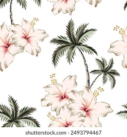 Tropical palm trees, hibiscus flowers, white background. Vector seamless pattern. Floral illustration. Exotic plants. Summer beach design. Paradise nature