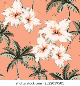 Palmeras tropicales, flores de hibisco, fondo rosa. Patrón sin fisuras de Vector. Ilustración floral. Plantas exóticas. Diseño de playa de verano. Naturaleza del paraíso