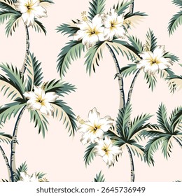 Tropical palm trees, hibiscus flowers, blush background. Seamless pattern. Vector illustration. Exotic plants. Summer beach design. Paradise nature