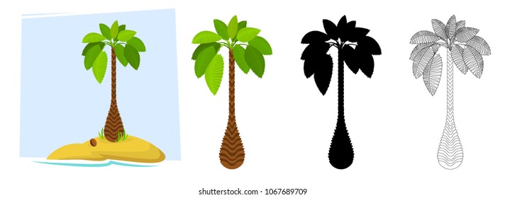 Tropical palm trees. Illustration of a palm tree, black silhouettes and outline contours isolated on white background. Vector