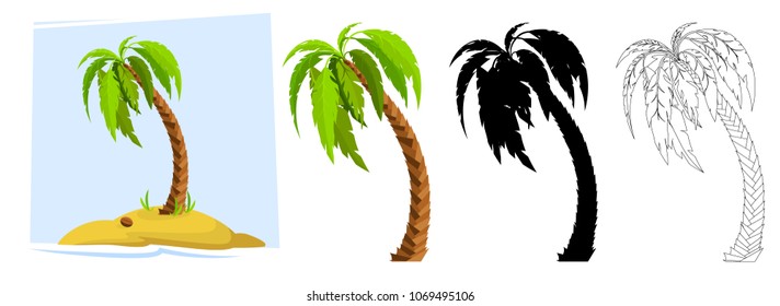 Tropical palm trees. Illustration of a palm tree, black silhouettes and outline contours isolated on white background. Vector
