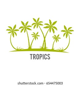 Tropical palm trees island silhouettes. White vector palm tree flat icon. Rainforest jungle trees, plants, shrubs and bushes, paradise beach resort crooked palm trees, trendy flat design.