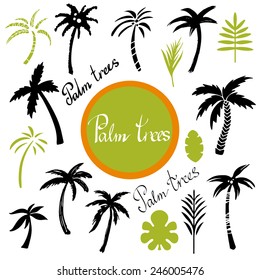 Tropical palm trees and leaves cartoon hand drawn illustrations set isolated on a white background, art logo design 