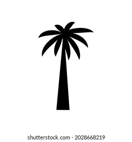 tropical palm trees with leaves, mature and young plants, black silhouettes isolated on white background