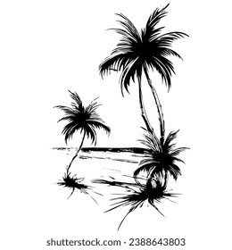 Tropical palm trees with leaves, mature and young plants, black silhouettes isolated on white background. Sketch design.