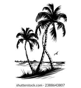 Tropical palm trees with leaves, mature and young plants, black silhouettes isolated on white background. Sketch design.