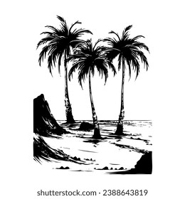 Tropical palm trees with leaves, mature and young plants, black silhouettes isolated on white background. Sketch design.