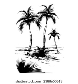 Tropical palm trees with leaves, mature and young plants, black silhouettes isolated on white background. Sketch design.