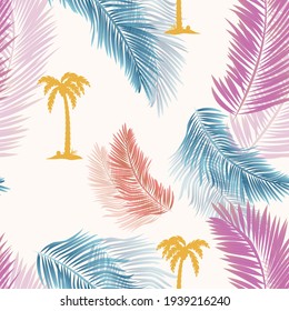 Tropical palm trees and leaves  seamless trendy pattern ,texture. Modern, cute, pretty patterns.Simple illustration of palm tree vector pattern seamless for any web design or textile