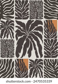 Palmeras tropicales y hojas sin patrón. Diseño estético dibujado a mano de plantas exóticas de estilo retro de fondo de selva para estampados de tela.