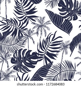 Tropical palm trees and leaves silhouette background. Black and white illustration. Vector seamless pattern with tropical plants. Summer paradise nature. Botanical beach print. Jungle foliage