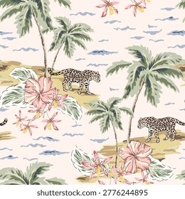 Tropical palm trees, leopard animals, hibiscus flowers, islands, sea waves, blush background. Seamless pattern. Vector illustration. Exotic landscape. Summer beach design. Paradise nature