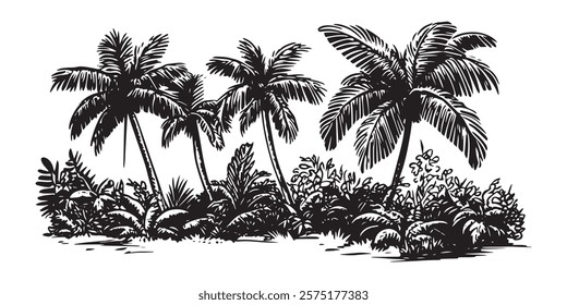 tropical palm trees and lush vegetation in black and white illustration