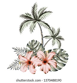 Tropical palm trees, monstera leaves, hibiscus flowers bouquet, white background. Print for t shirt, card, poster. Vector illustration. Summer beach floral design