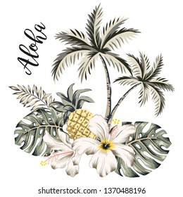 Tropical palm trees, monstera leaves, pineapple fruit, hibiscus flowers bouquet, text Aloha, white background. Print for t shirt, card, poster. Vector illustration. Summer beach floral design