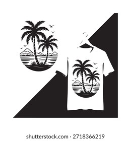 Palmeras tropicales y diseño de la vista del océano en una camiseta blanca
