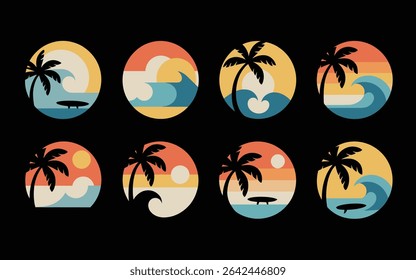 Tropical palm trees and ocean waves in retro sunset circle designs