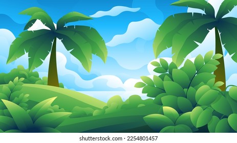 Tropical palm trees on the coast of an exotic island seascape view.