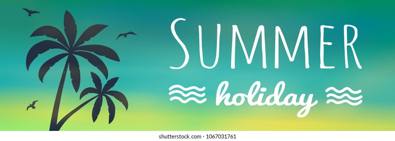 Tropical palm trees on colourful background with text - summer banner. Vector.