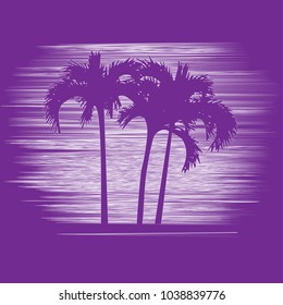 Tropical palm trees on dark background.
Blue purple silhouettes against white water or sky. Vector illustration, design element for travel and vacation concept.