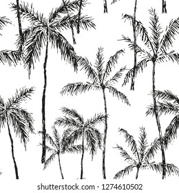 Tropical palm trees on the white background. Vector seamless pattern. Black and white graphic illustration. Paradise nature. Botanical print. Sketch design