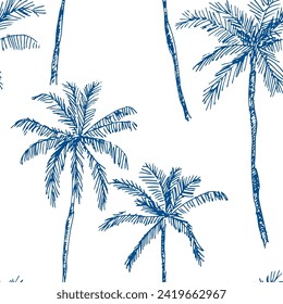 Tropical palm trees on the white background. Vector seamless pattern. Blue and white graphic illustration. Paradise nature. Sketch design