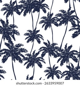 Tropical palm trees on the white background. Vector seamless pattern. Black and white graphic illustration. Paradise nature. Summer design