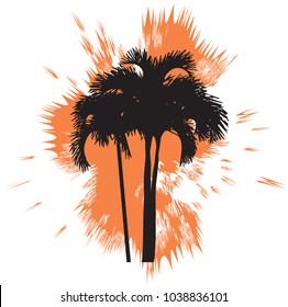 Tropical palm trees and orange splash. 
Abstract black silhouettes isolated on white background. Vector illustration. Template for summer holiday, travel and vacation concept.