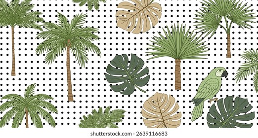 Tropical palm trees, parrot on the black polka dot background. Hand drawn geometric summer vacation seamless pattern. Vector jungle textile design, background, print. 