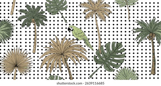 Tropical palm trees, parrot on the black polka dot background. Hand drawn geometric summer vacation seamless pattern. Vector jungle textile design, background, print. 