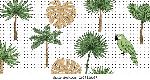 Tropical palm trees, parrot on the black polka dot background. Hand drawn geometric summer vacation seamless pattern. Vector jungle textile design, background, print. 